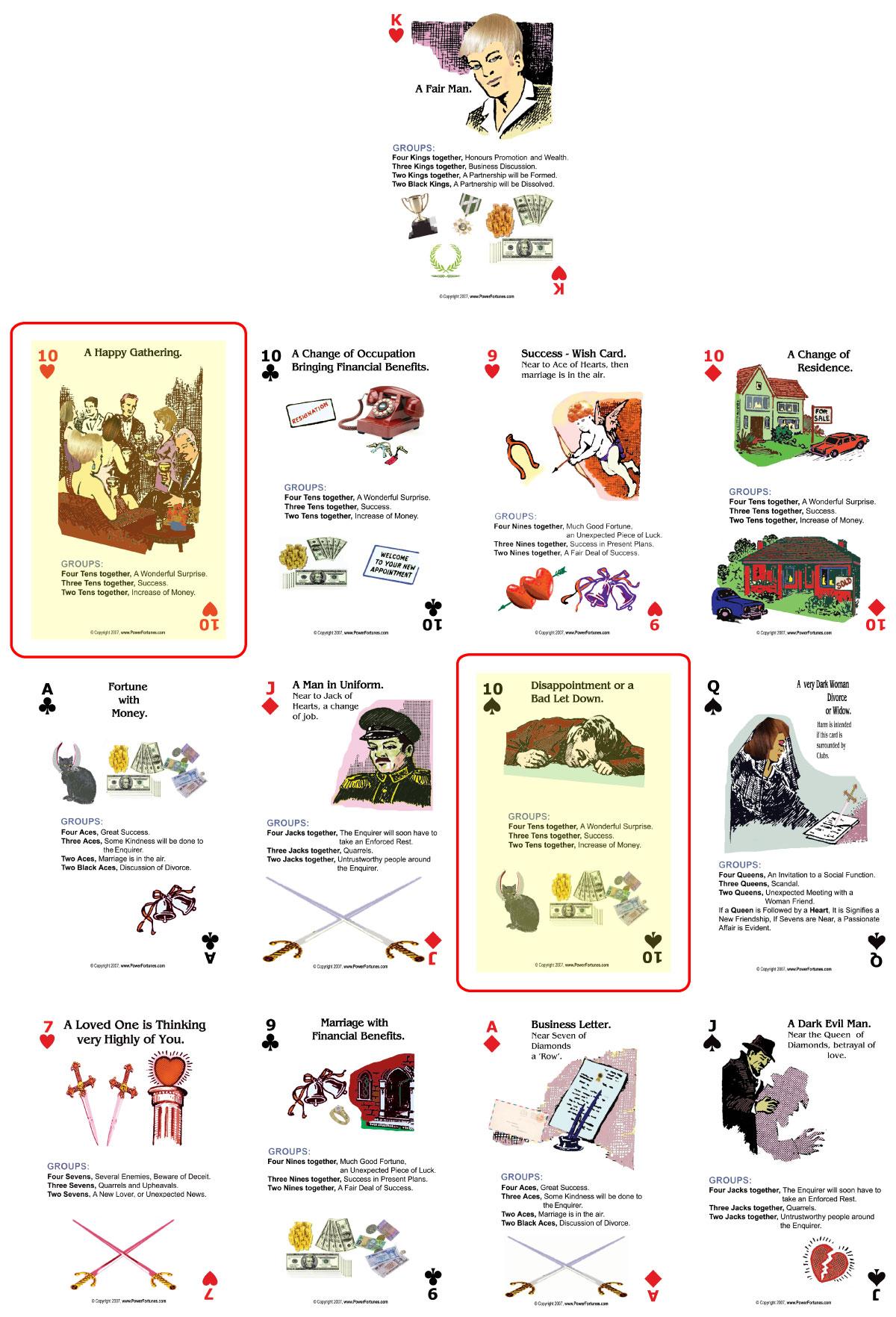 Thirteen fortune telling cards placed face-up.