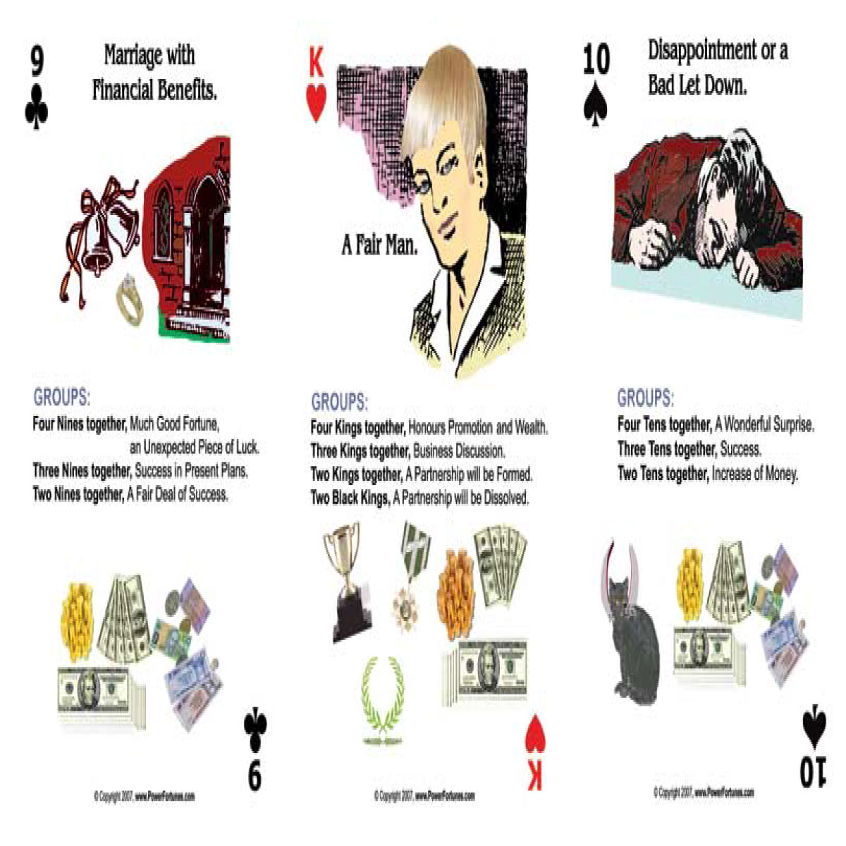 Three face-up piles of PowerFortunes fortune telling cards.